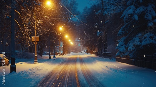 A winter scene of a snowy street at night with a car parked on the side of the road. This image can be used to depict a cold winter night or a peaceful winter landscape