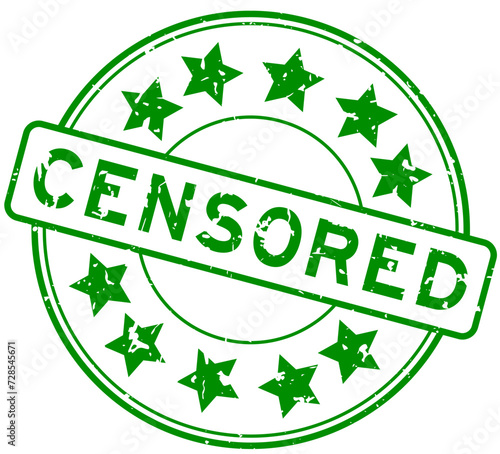 Grunge green censored word with star icon round rubber seal stamp on white background
