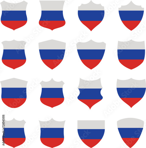 Russia flag - flat collection Badges. Flags of different shaped sixteen flat icons. Vector illustration set. 