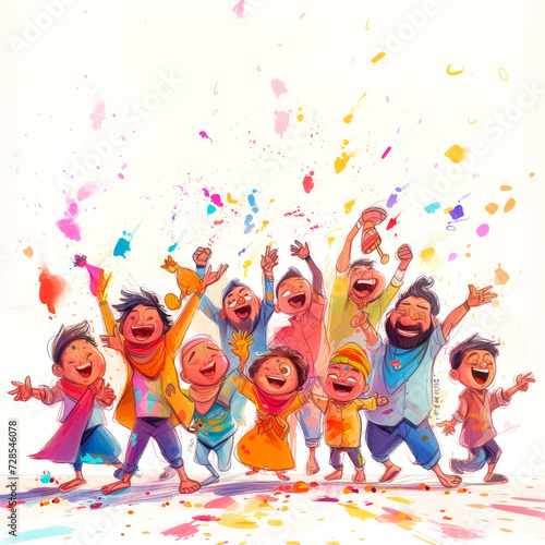 An animated sketch capturing the excitement of Holi with funny human characters engaging in joyful and lively celebrations