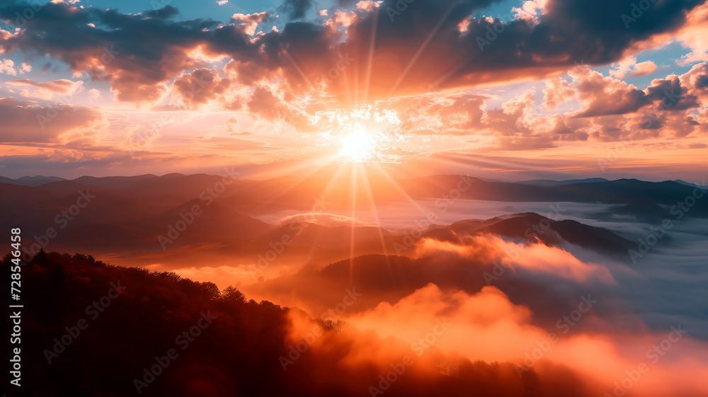sunrise over the mountains with clouds, sunlight, mist