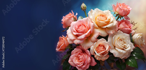 beautiful bouquet of roses in pastel colors over blue background with copy space