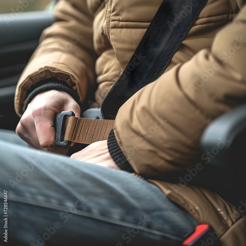Person securely fastening their seatbelt in a car isolated on white background, cinematic, png 