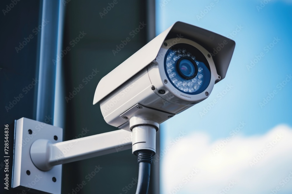 A security camera mounted on the side of a building. Can be used to monitor and enhance security A security camera mounted on the side of a building. Can be used to monitor and enhance security
