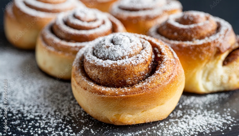 Close-up of cinnamon buns with powdered sugar. Fresh bakery. Close-up of cinnamon buns with powdered sugar. Fresh bakery.