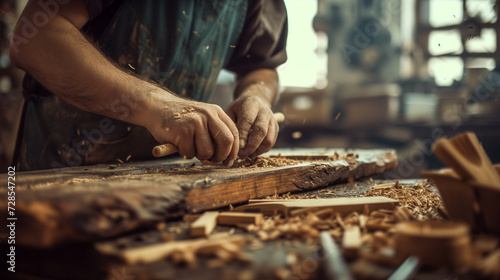 Artistry of woodworking as a carpenter skillfully shapes and refines wood photo