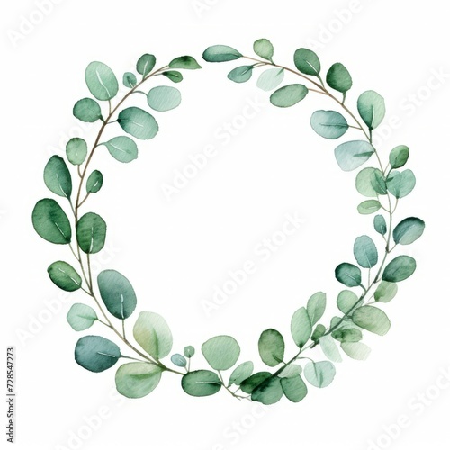 Watercolor painting  floral circular wreath frame template illustration  - Circle made of eucalyptus leaves branches  isolated on white background