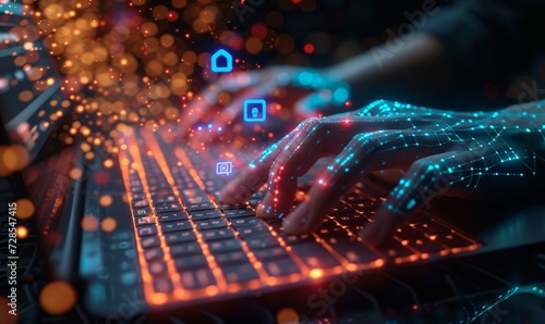 The hands of a data protection officer typing on a futuristic keyboard with holographic data privacy controls floating above, symbolizing the proactive measures taken  © Onchira