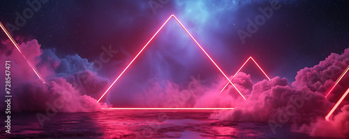 Futuristic 3D rendering with neon geometric shapes and stormy clouds, forming an intriguing rhombus frame against a night sky.