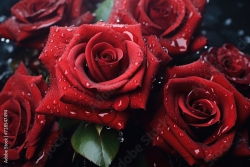 A beautiful bouquet of red roses with water droplets. Perfect for expressing love and romance. Ideal for greeting cards  weddings  anniversaries  and special occasions