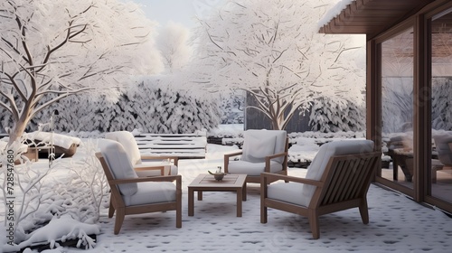 Back yard of house  trees and standing outdoor furniture covered in snow. Snowy winter day  cold weather season