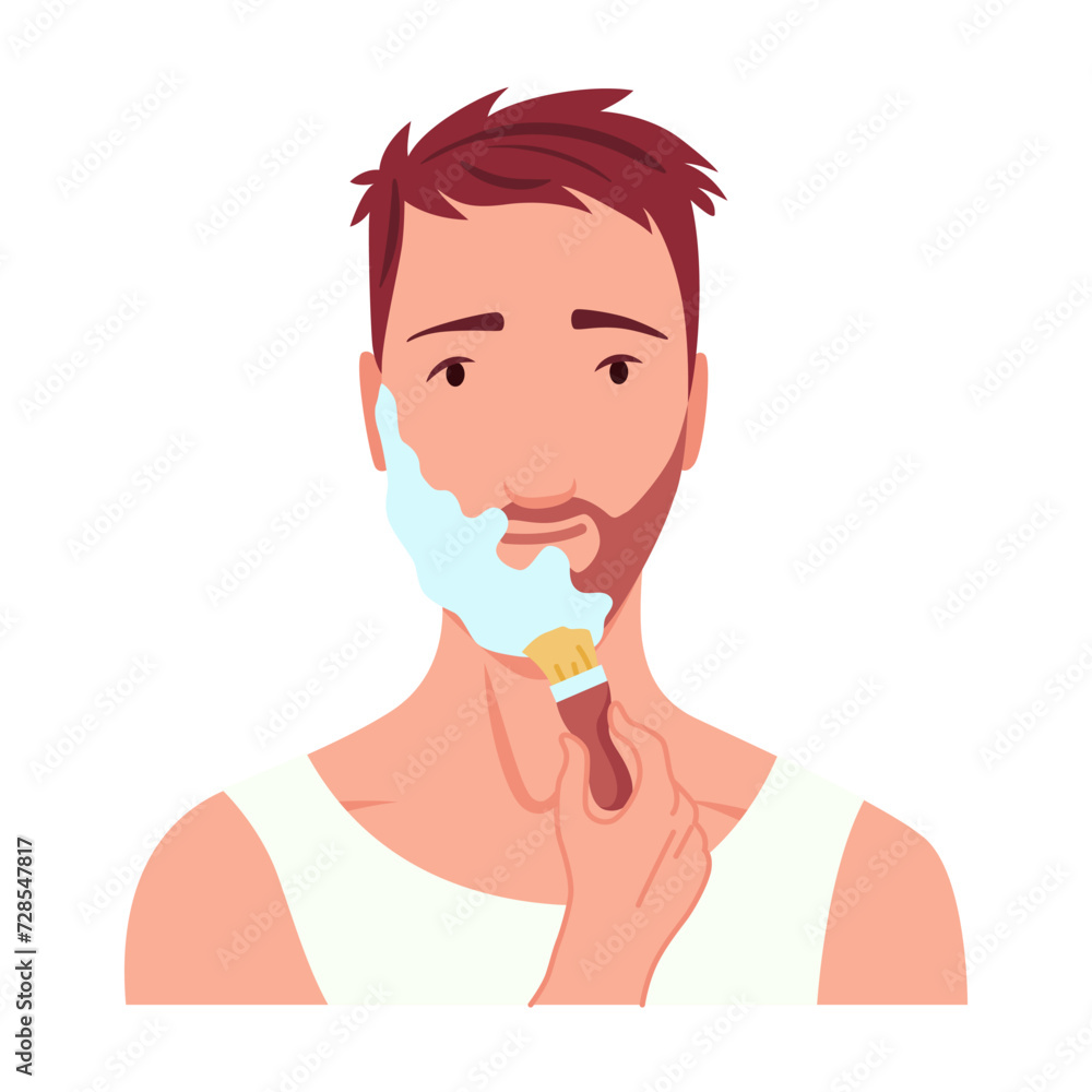 Man shaving. Male character grooming, does personal skincare routine. Cleansed and treated his face action. Flat vector illustration isolated on white background Man shaving. Male character grooming, does personal skincare routine. Cleansed and treated his face action. Flat vector illustration isolated on white background