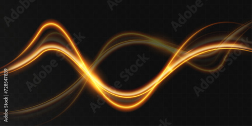 Light wave of shiny gold lines.Gold color glowing design element.Wavy bright stripes.

