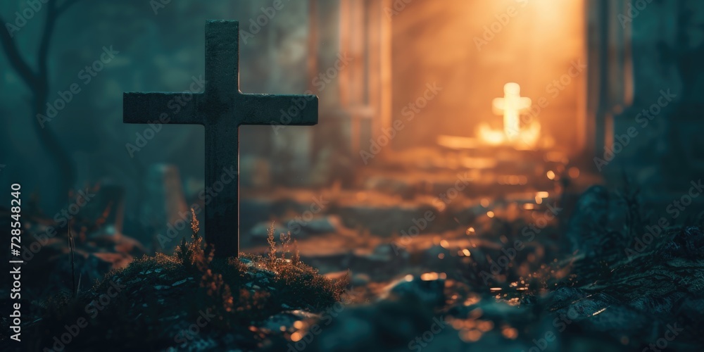 A cross standing in the middle of a graveyard. Suitable for religious and somber themes A cross standing in the middle of a graveyard. Suitable for religious and somber themes