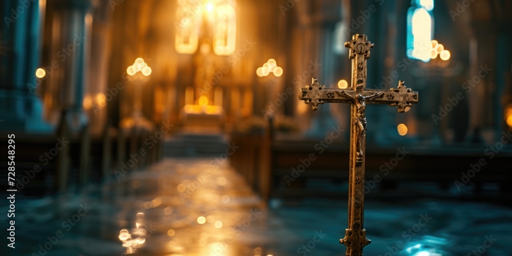 A picture of a cross located in the middle of a church. This image can be used to represent religious or spiritual themes