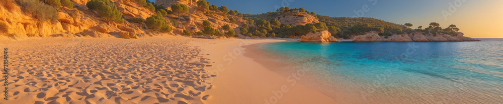 Obraz premium A breathtaking scene of a beach, trees, and mountains bathed in the warm glow of the setting sun, embraced by the calm waters