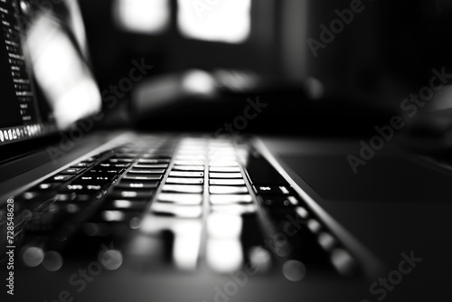 A black and white photo of a laptop. Suitable for technology-related projects
