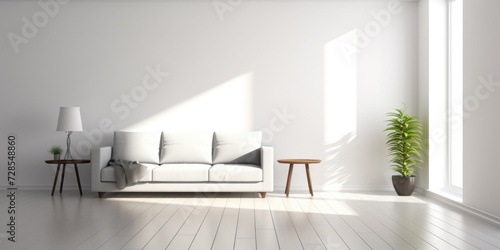 A simple and elegant living room featuring a white couch and a stylish lamp. Perfect for interior design and home decor themes