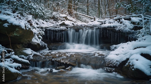 A picturesque small waterfall surrounded by snow-covered trees. Perfect for winter-themed designs and nature backgrounds