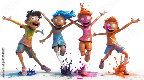 Expressive 3D characters enjoying the spirit of Holi, showcasing males, females, and kids
