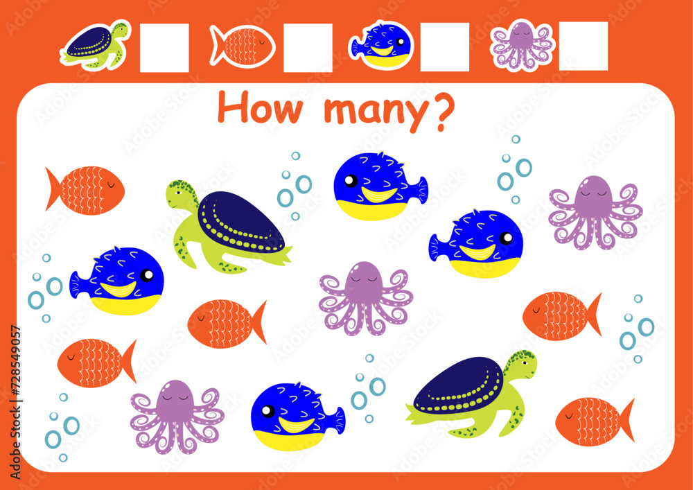 Naklejka premium How many sea animals are there? Counting game for children. Math assignment for preschoolers.