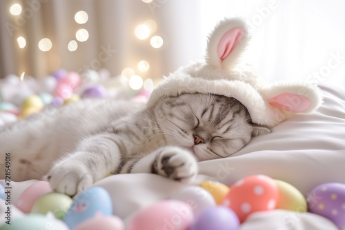 A charming cat dozes off wearing bunny ears, enveloped by an array of speckled Easter eggs and soft, glowing lights.