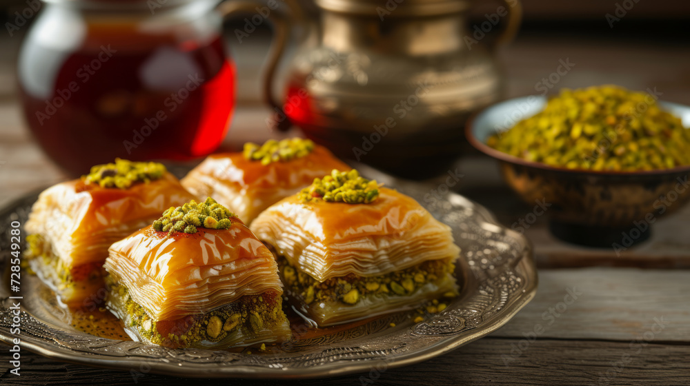 Obraz premium Traditional turkish dessert pistachio antep baklava with turkish black tea on rustic table, ramadan or holiday desserts concept