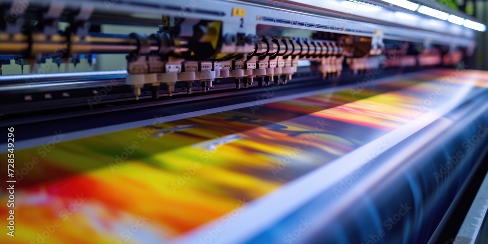 A large print machine in a printing shop. Suitable for graphic design, printing industry, and commercial advertising A large print machine in a printing shop. Suitable for graphic design, printing industry, and commercial advertising