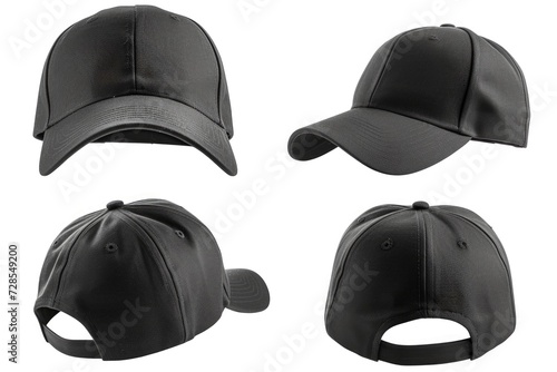 A set of four black baseball caps on a white background. Perfect for sports teams or promotional giveaways