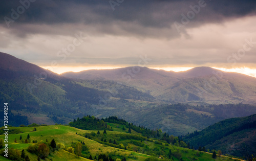 mountainous countryside scenery of ukraine in spring. carpathian rural landscape with rolling hills and grassy meadows in evening light