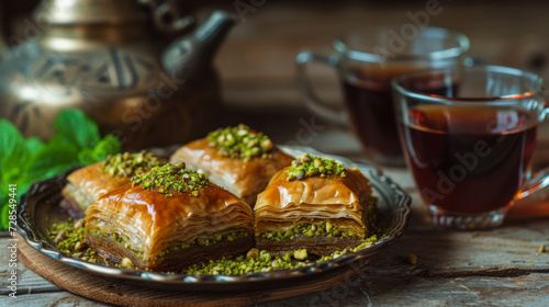 Traditional turkish dessert pistachio antep baklava with turkish black tea on rustic table, ramadan or holiday desserts concept