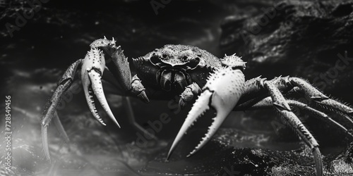 A black and white photograph showcasing a crab. Suitable for various uses photo