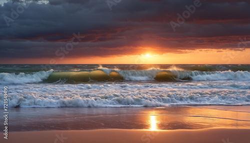 Tranquil sunset on the shore: a breathtaking landscape with the sun peeking through the clouds over the ocean waves