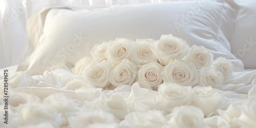 A bunch of white roses laid delicately on a bed. Perfect for romantic occasions or as a symbol of purity and elegance © Fotograf
