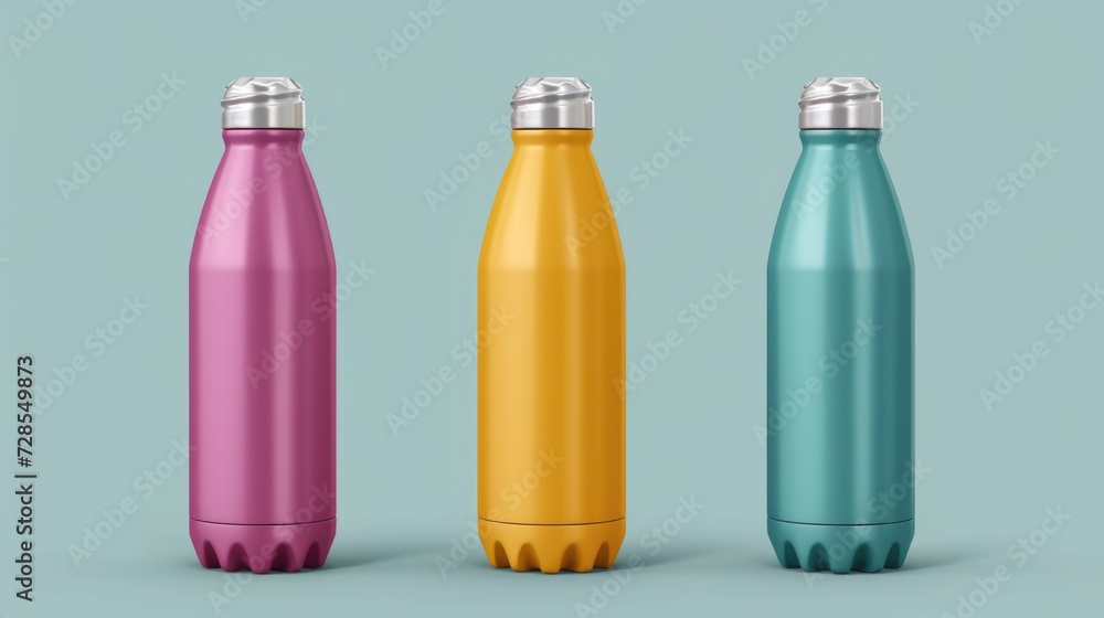 Three stainless steel water bottles in vibrant colors placed on a blue background. Versatile and practical, perfect for advertising eco-friendly products or promoting healthy hydration. Three stainless steel water bottles in vibrant colors placed on a blue background. Versatile and practical, perfect for advertising eco-friendly products or promoting healthy hydration.
