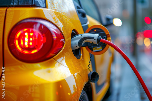 Close up view of a yellow electric car's charging port with a connected red cable at an outdoor station.