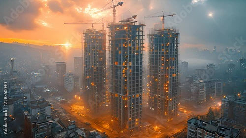 City building construction site development and tower cranes photo
