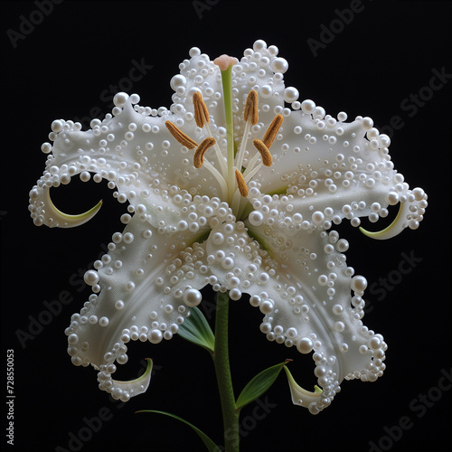 Portrait beautiful luxury white lily made of pearls on a black background. Close up. Minimal flower concept. Wedding card.