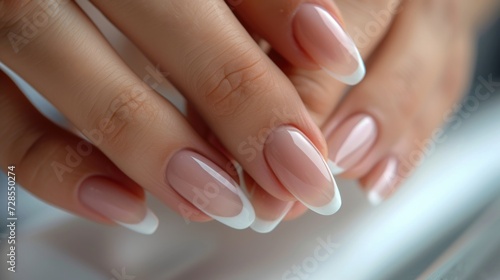 A detailed view of a hand with a pink and white manicure. Perfect for beauty and fashion related projects