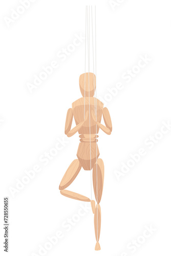 Wooden marionette with joints. Wood human anatomy, statue doll or handmade puppet theater toy men figure. Dummy or mannequin at control rope, vector illustration