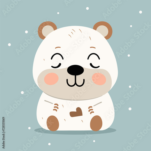 Cute happy cartoon polar bear in winter. Adorable wild baby animal daydreaming