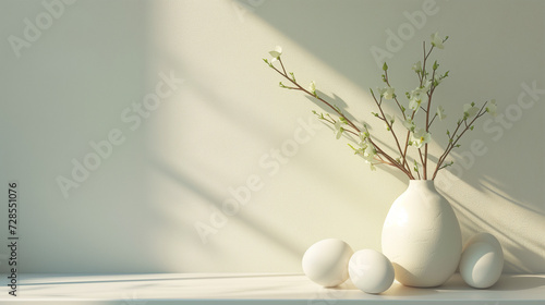 Easter, eggs, Beautiful bouquet flowers in vase and background table. Birthday, Wedding, Mother's Day, Valentine's day, Women's Day. spring, Front view. bright sunday