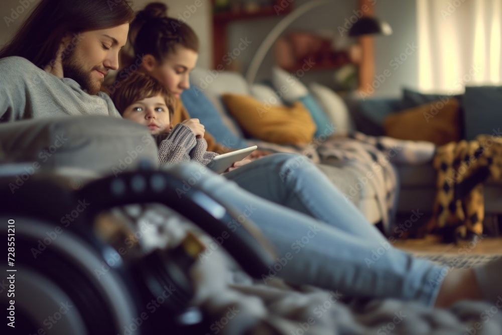 Obraz premium A man and woman sitting on a couch with their child. Suitable for family, parenting, and lifestyle themes