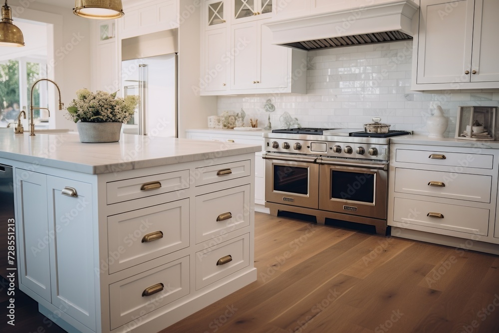 A functional kitchen with a stove top oven and sleek white cabinets. Perfect for home renovation projects or interior design inspiration A functional kitchen with a stove top oven and sleek white cabinets. Perfect for home renovation projects or interior design inspiration