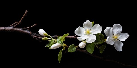A branch with white flowers on a black background. Can be used as a minimalist and elegant decoration or for floral-themed designs