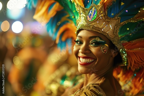 A woman wearing a colorful headdress smiles warmly. This image can be used to depict happiness, diversity, cultural celebrations, or fashion