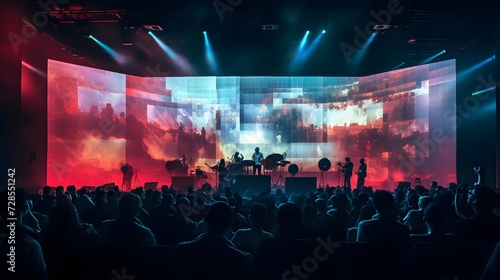 Closeup of a large projector screen showing the virtual concert from multiple angles. 