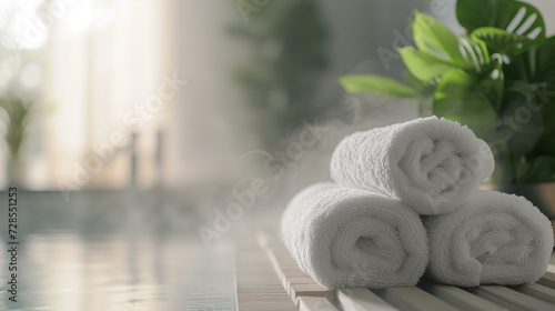 Indulge in luxury with perfectly arranged towels adorning a spa oasis next to the bubbling jacuzzi, where the visible steam adds to the ambiance