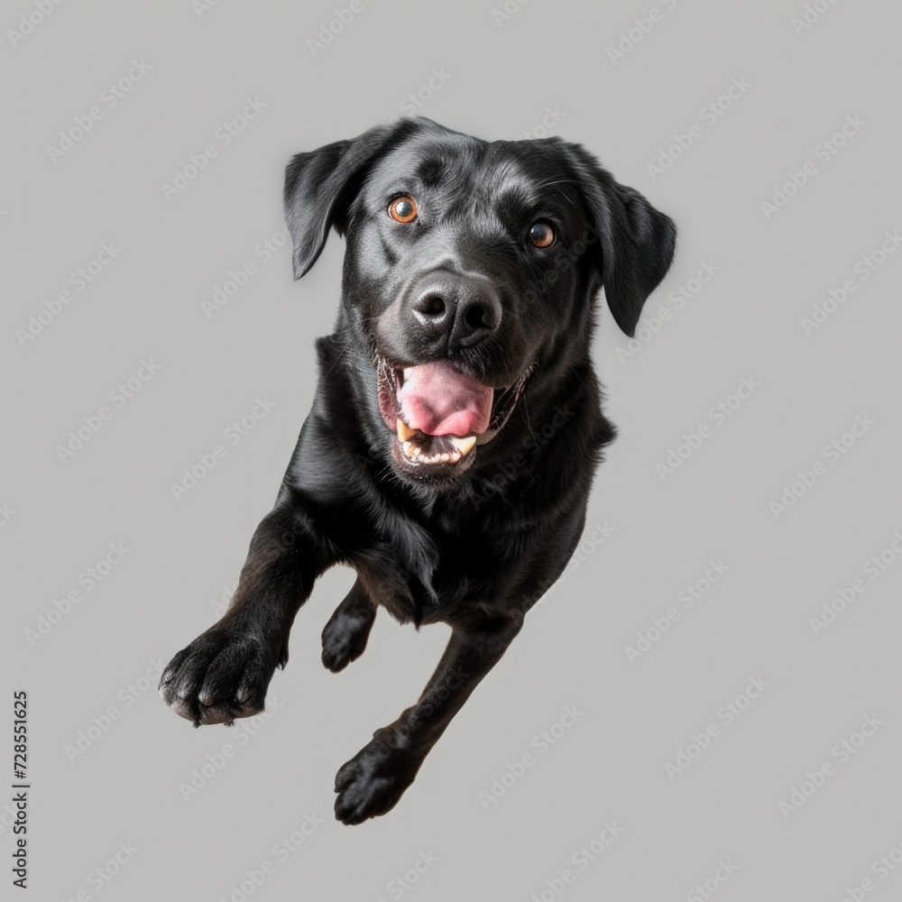 A black dog peacefully resting on a smooth gray surface. Suitable for pet-related designs and concepts