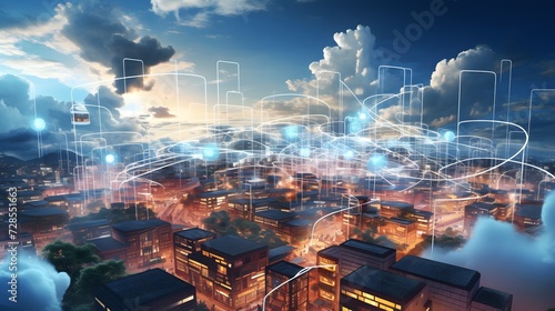 cloud computing with multiple networks and digital devices on top of a city photo